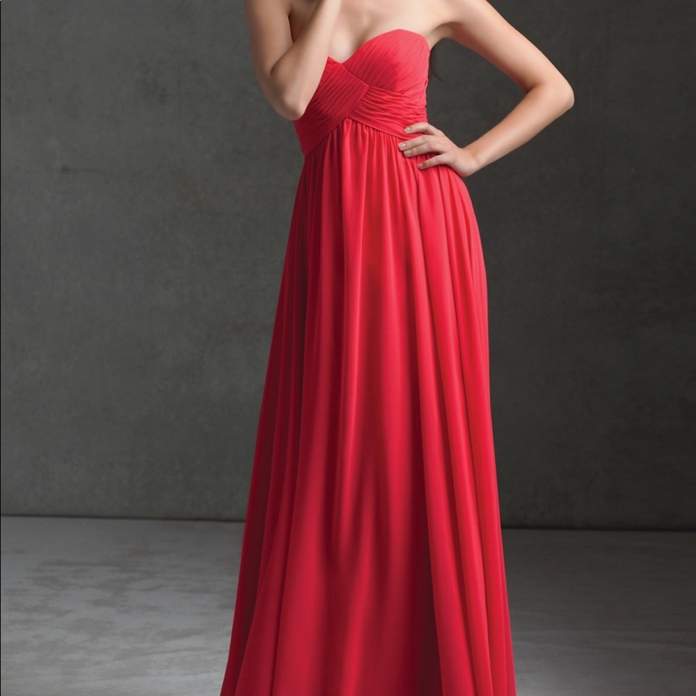 Red floor length dress by Mori Lee